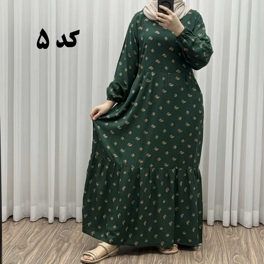 پیراهن گلریز چیندار آیدایی پاموق کد 1522 جنس نخی شسته شده فری سایز تا 50 کمربنددار چهارفصل