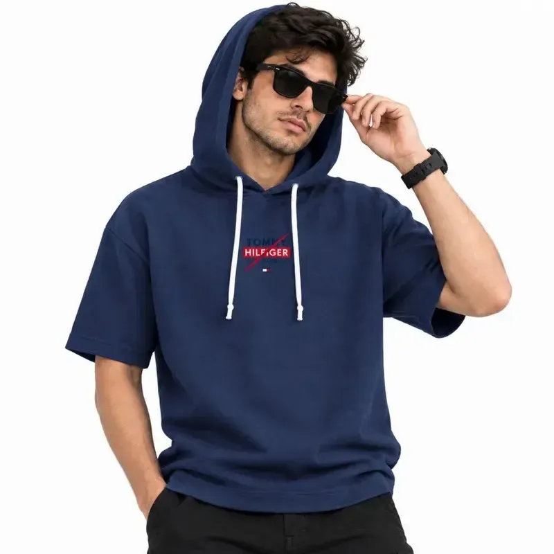 تی شرت کلاه دار مردانه لیما پنبه طرح حروف جلو و پشت چاپ