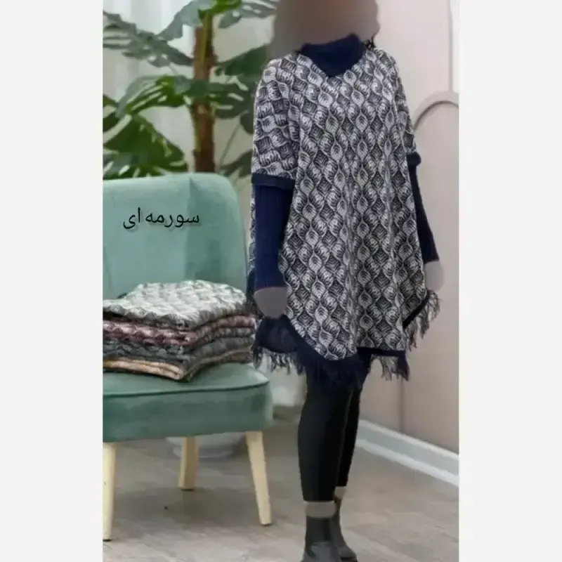 پانچ بافت طرح برگی پالتو آستین کشبافت فری سایز