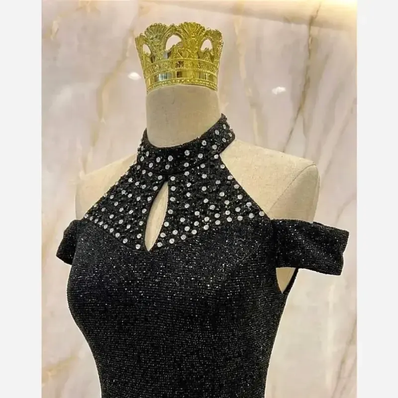 ماکسی مجلسی دانتل چمنی مشکی کاپدار و استردار نگین دوزی شده سایز 38 تا 52