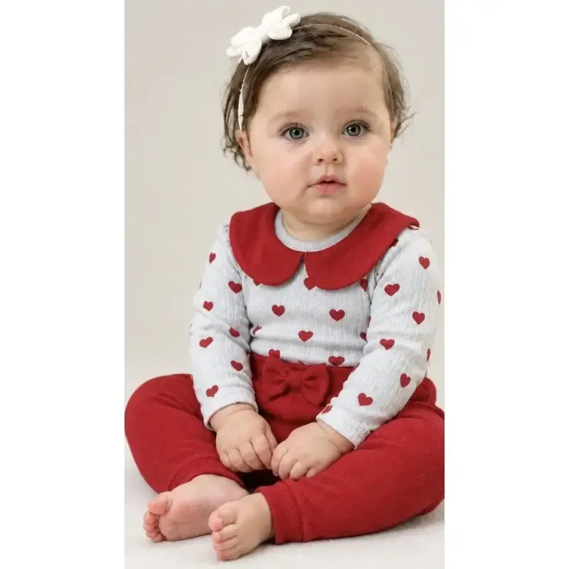 ست سه تیکه نوزادی دخترانه بادی و شلوار پنبه کبریتی یقه قلبی با هدبند