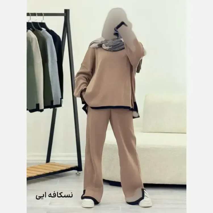 ست بافت زنانه رویا نخ اکریلیک فری سایز رنگ زیتونی کرم نسکافه ای